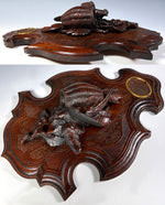 Superb Antique Black Forest Hand Carved Game Plaque Match Holder, Striker w Bird and Basket