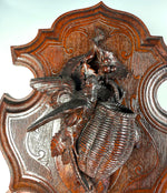 Superb Antique Black Forest Hand Carved Game Plaque Match Holder, Striker w Bird and Basket