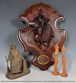 Superb Antique Black Forest Hand Carved Game Plaque Match Holder, Striker w Bird and Basket