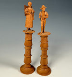 Antique Hand Carved Black Forest Figural Needle Case Pair, Thread Spools, Sewing Collector