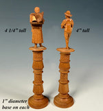 Antique Hand Carved Black Forest Figural Needle Case Pair, Thread Spools, Sewing Collector