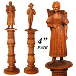 Antique Hand Carved Black Forest Figural Needle Case Pair, Thread Spools, Sewing Collector