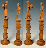 Antique Hand Carved Black Forest Figural Needle Case Pair, Thread Spools, Sewing Collector