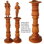 Antique Hand Carved Black Forest Figural Needle Case Pair, Thread Spools, Sewing Collector