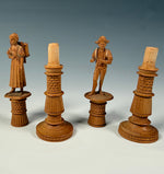 Antique Hand Carved Black Forest Figural Needle Case Pair, Thread Spools, Sewing Collector