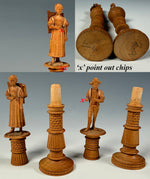 Antique Hand Carved Black Forest Figural Needle Case Pair, Thread Spools, Sewing Collector