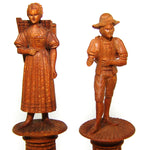 Antique Hand Carved Black Forest Figural Needle Case Pair, Thread Spools, Sewing Collector