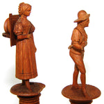 Antique Hand Carved Black Forest Figural Needle Case Pair, Thread Spools, Sewing Collector