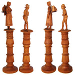 Antique Hand Carved Black Forest Figural Needle Case Pair, Thread Spools, Sewing Collector
