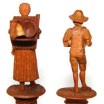 Antique Hand Carved Black Forest Figural Needle Case Pair, Thread Spools, Sewing Collector