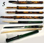 Group of 5 19th Century Antique Tortoise Shell Trousse w Ivory, Bone, Wood Chopsticks in Scabbard with Knife. Eating Utensils.
