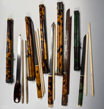 Group of 5 19th Century Antique Tortoise Shell Trousse w Ivory, Bone, Wood Chopsticks in Scabbard with Knife. Eating Utensils.