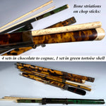 Group of 5 19th Century Antique Tortoise Shell Trousse w Ivory, Bone, Wood Chopsticks in Scabbard with Knife. Eating Utensils.