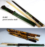 Group of 5 19th Century Antique Tortoise Shell Trousse w Ivory, Bone, Wood Chopsticks in Scabbard with Knife. Eating Utensils.