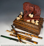 Group of 5 19th Century Antique Tortoise Shell Trousse w Ivory, Bone, Wood Chopsticks in Scabbard with Knife. Eating Utensils.