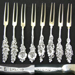 Set of 8 Antique Sterling Silver & Vermeil Cheese Forks, Gorgeous Lily Style Floral Handles