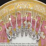 Set of 8 Antique Sterling Silver & Vermeil Cheese Forks, Gorgeous Lily Style Floral Handles