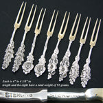 Set of 8 Antique Sterling Silver & Vermeil Cheese Forks, Gorgeous Lily Style Floral Handles