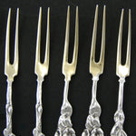 Set of 8 Antique Sterling Silver & Vermeil Cheese Forks, Gorgeous Lily Style Floral Handles