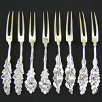 Set of 8 Antique Sterling Silver & Vermeil Cheese Forks, Gorgeous Lily Style Floral Handles