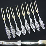 Set of 8 Antique Sterling Silver & Vermeil Cheese Forks, Gorgeous Lily Style Floral Handles