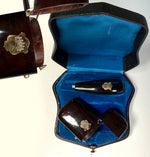 Antique French Boxed Set Match Vesta and Cigar Holder, 18k Gold Crown Monogram Necessaire