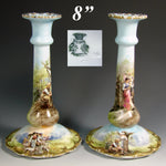 Lovely Antique Austrian 8" Candlestick Pair, Hand Painted Garden or Pastoral Scenes