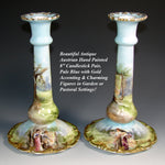 Lovely Antique Austrian 8" Candlestick Pair, Hand Painted Garden or Pastoral Scenes
