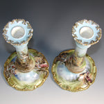 Lovely Antique Austrian 8" Candlestick Pair, Hand Painted Garden or Pastoral Scenes
