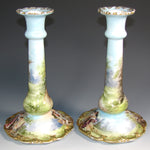 Lovely Antique Austrian 8" Candlestick Pair, Hand Painted Garden or Pastoral Scenes