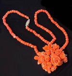 Elegant Antique Victorian Era Hand Carved Floral Brooch, Red Coral w Matching Necklace, Diamonds