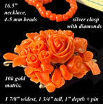 Elegant Antique Victorian Era Hand Carved Floral Brooch, Red Coral w Matching Necklace, Diamonds