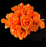 Elegant Antique Victorian Era Hand Carved Floral Brooch, Red Coral w Matching Necklace, Diamonds