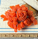 Elegant Antique Victorian Era Hand Carved Floral Brooch, Red Coral w Matching Necklace, Diamonds