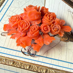 Elegant Antique Victorian Era Hand Carved Floral Brooch, Red Coral w Matching Necklace, Diamonds