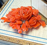 Elegant Antique Victorian Era Hand Carved Floral Brooch, Red Coral w Matching Necklace, Diamonds