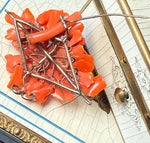 Elegant Antique Victorian Era Hand Carved Floral Brooch, Red Coral w Matching Necklace, Diamonds