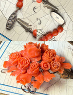 Elegant Antique Victorian Era Hand Carved Floral Brooch, Red Coral w Matching Necklace, Diamonds