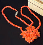 Elegant Antique Victorian Era Hand Carved Floral Brooch, Red Coral w Matching Necklace, Diamonds