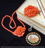 Elegant Antique Victorian Era Hand Carved Floral Brooch, Red Coral w Matching Necklace, Diamonds