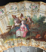 Antique 18th Century French Louis XVI Hand Painted Silk Fan Silver Pique Bone Monture c1775