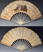 Antique 18th Century French Louis XVI Hand Painted Silk Fan Silver Pique Bone Monture c1775