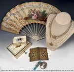 Antique 18th Century French Louis XVI Hand Painted Silk Fan Silver Pique Bone Monture c1775