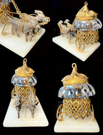 Antique French Palais Royal Trinket Inkwell is a Carriage Pulled by 2 Goats, Ormolu Alabaster