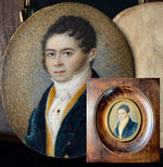 Elegant French Gentleman Portrait Miniature, Louis-Philippe Era, Napoleon Hair and Gold Stick Pin