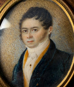 Elegant French Gentleman Portrait Miniature, Louis-Philippe Era, Napoleon Hair and Gold Stick Pin