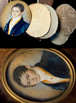 Elegant French Gentleman Portrait Miniature, Louis-Philippe Era, Napoleon Hair and Gold Stick Pin