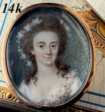 Antique French 18th Century Portrait Miniature, Young Woman in 14k Gold Locket Brooch Frame