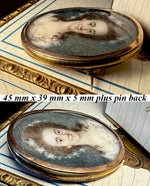 Antique French 18th Century Portrait Miniature, Young Woman in 14k Gold Locket Brooch Frame