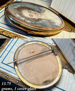 Antique French 18th Century Portrait Miniature, Young Woman in 14k Gold Locket Brooch Frame